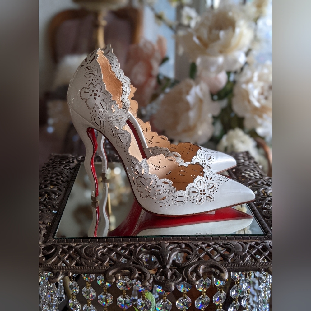 louboutin 36.5 white patent leather 120mm floral beloved d'orsay lazer cut iriza